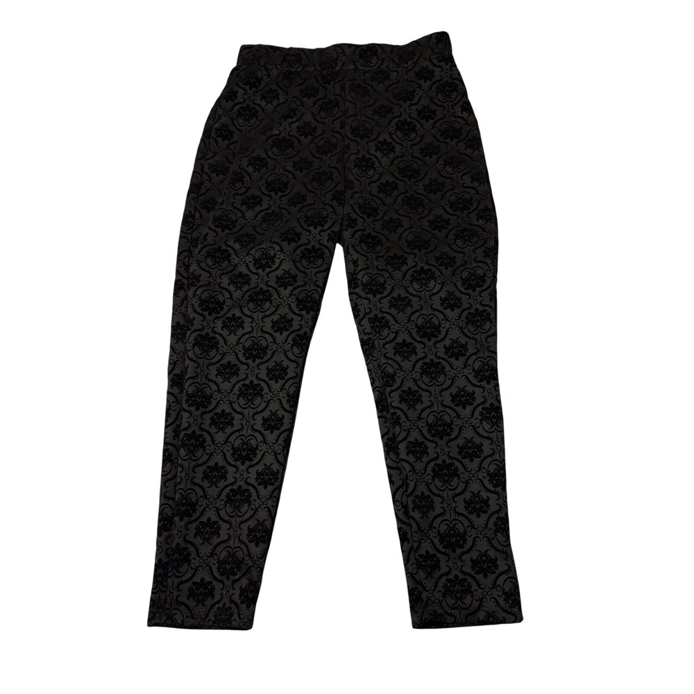 Ashley Stewart Pants Black Flocked Damask Pull On Womens 14/16 Slim Leg Stretch